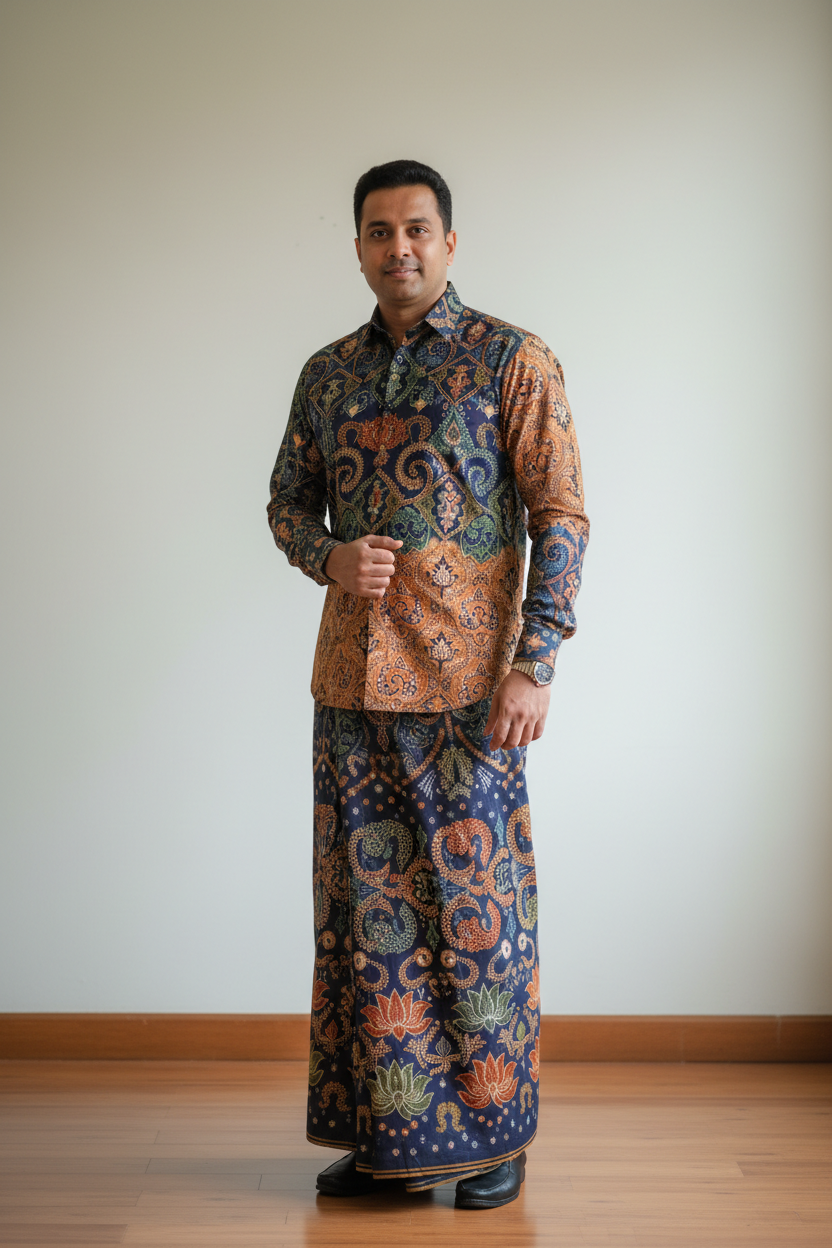 Sri lankan man wearing batik sarong and shirt 